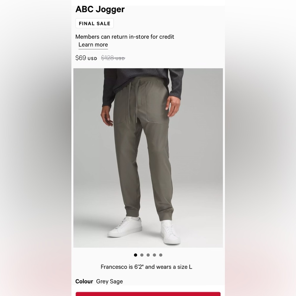 Men’s Lululemon ABC joggers in Grey Sage